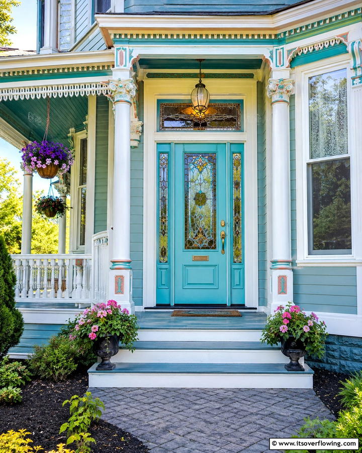 Turquoise with Stained Glass Panels - 20 Turquoise Front Door Ideas for a Pop of Color