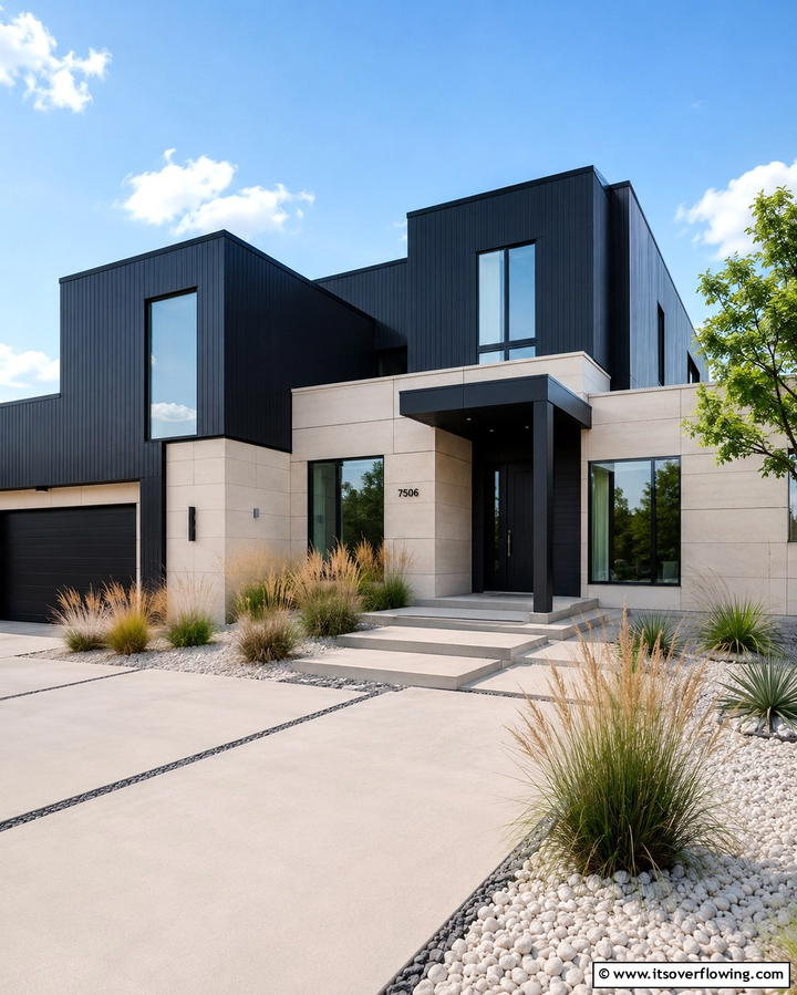Two Tone Beige and Black Facade - 30 Beige & Black House Exterior Design Ideas & Inspiration