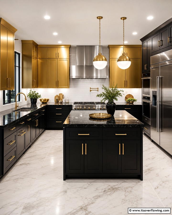 Two Tone Black and Gold Cabinets for a Bold Statement - 25 Black and Gold Kitchen Ideas for a Luxurious Look