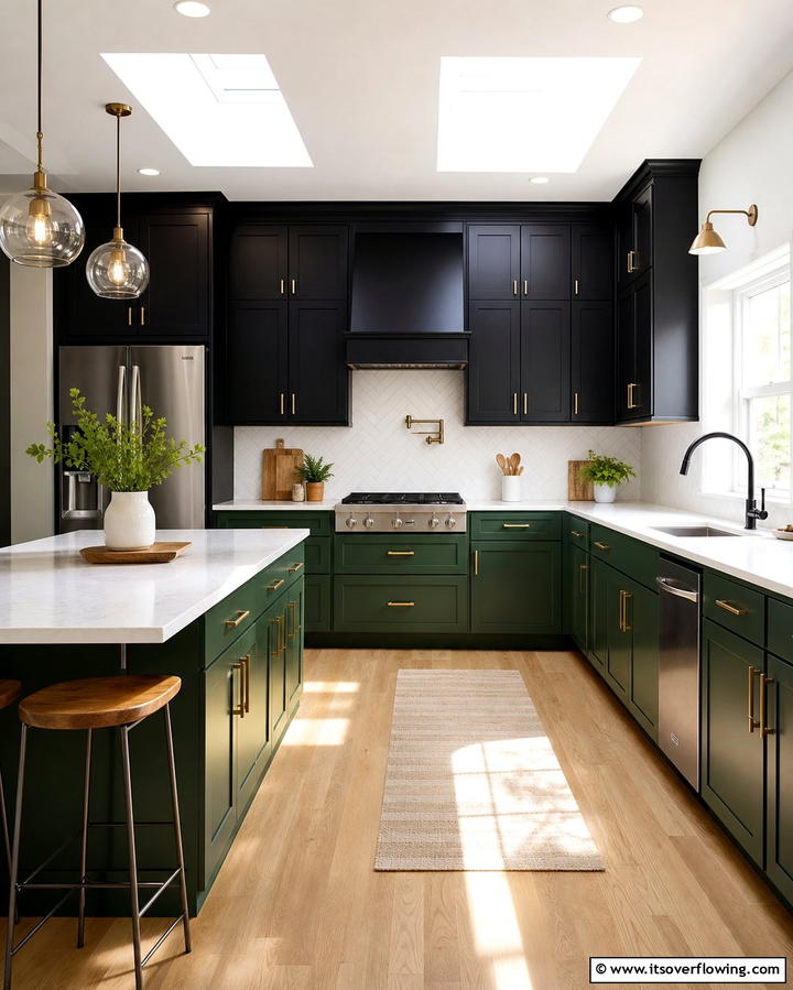 Two Tone Black and Green Cabinets - 25 Black and Green Kitchen Ideas for Bold Design
