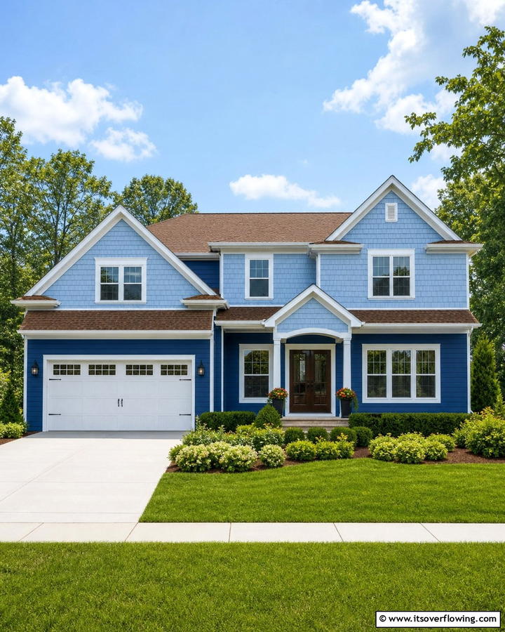 Two Tone Blue Exterior with Brown Roof for Visual Interest - 25 Stunning Blue Exterior Home with Brown Roof Ideas