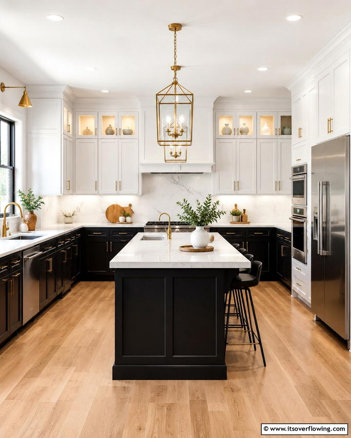 Two Tone Cabinetry - 20 White Kitchen Ideas With Black Island for Contrast