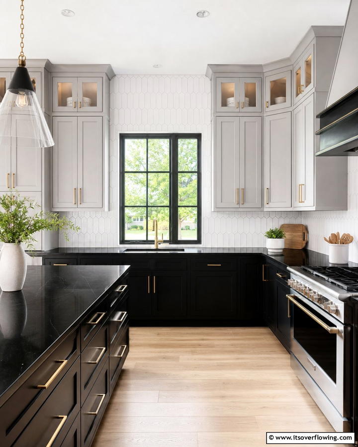 Two Tone Cabinetry for Visual Interest - 25 Kitchen Ideas with Gray Cabinets and Black Countertops