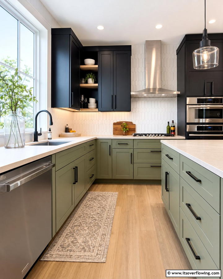 Two Tone Cabinets Sage Green Lower and Black Upper - 20 Sage Green and Black Kitchen Ideas for a Modern Feel