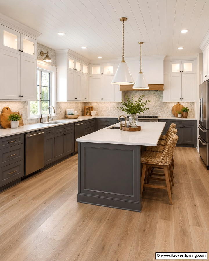 Two Tone Cabinets for Visual Contrast - 25 Farmhouse Kitchen with Gray Cabinets Ideas