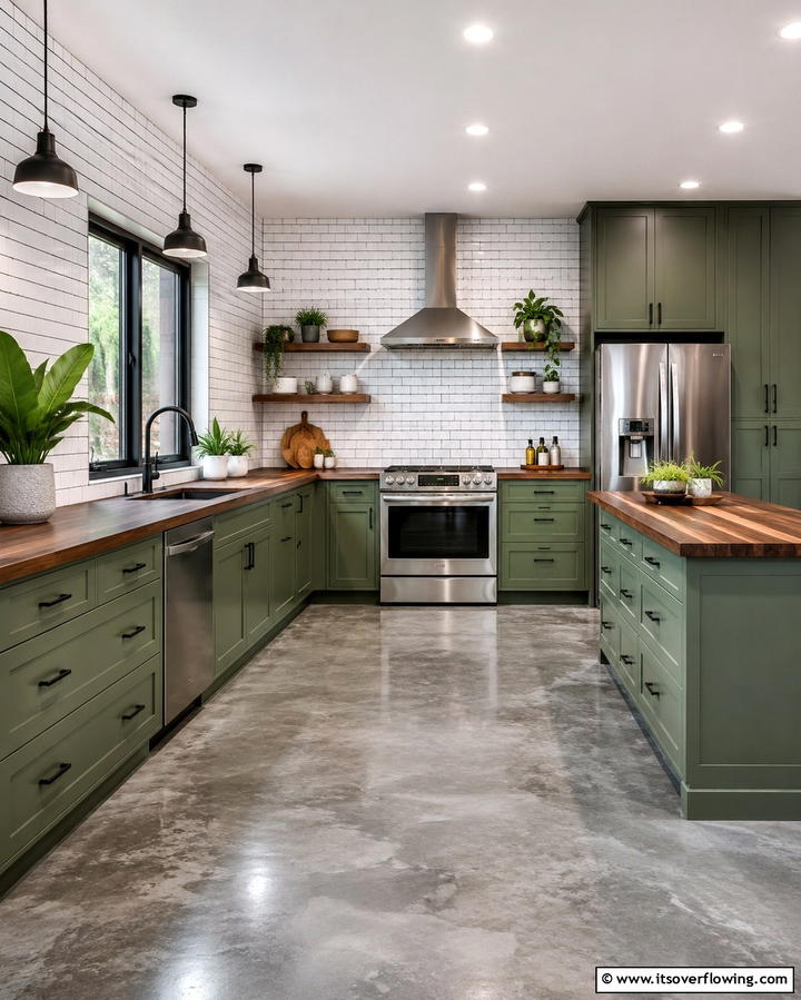 Two Tone Cabinets in Green and Brown - 25 Warm Green and Brown Kitchen Design Ideas