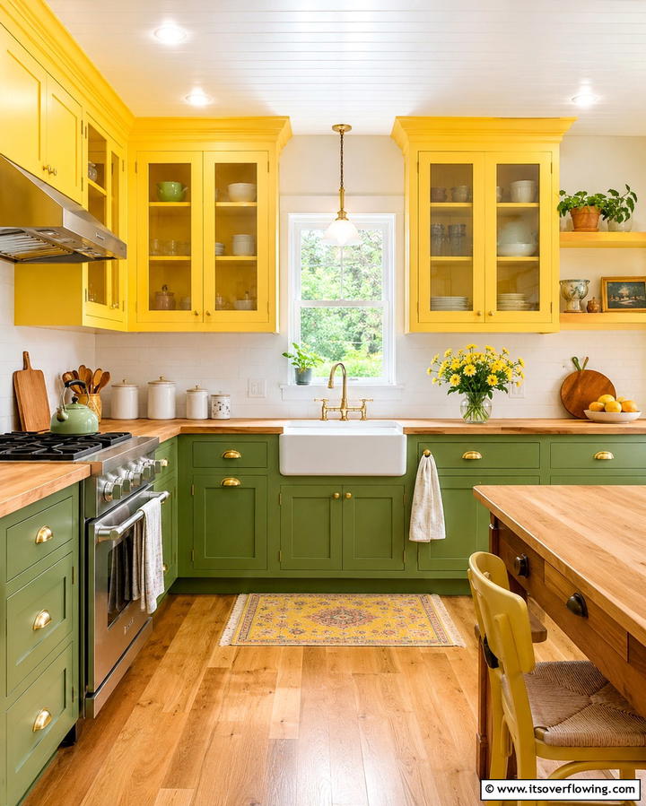 Two Tone Cabinets in Green and Yellow - 25 Green and Yellow Kitchen Ideas for Freshness