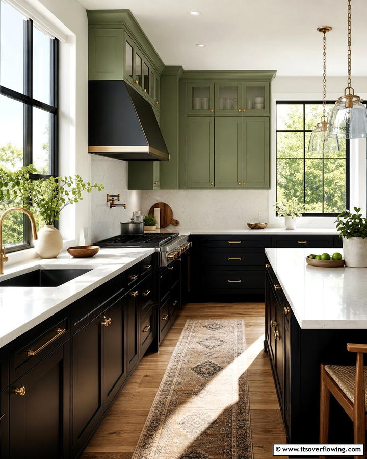 Two Tone Cabinets with Green and Black - 25 Black and Green Kitchen Ideas for Bold Design