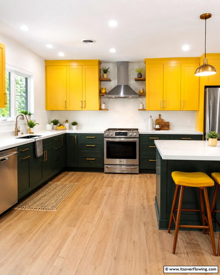 Two Tone Cabinets with Green and Yellow - 25 Green and Yellow Kitchen Ideas for Freshness