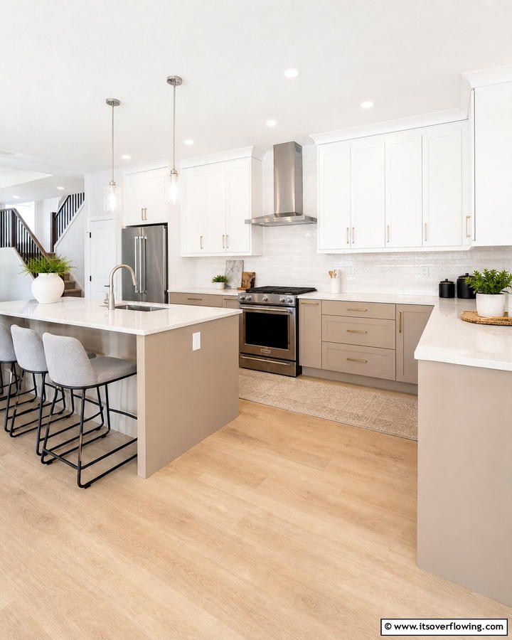 Two Tone Cashmere and White Cabinets - 20 Luxurious Cashmere Kitchen Ideas for a Cozy Feel