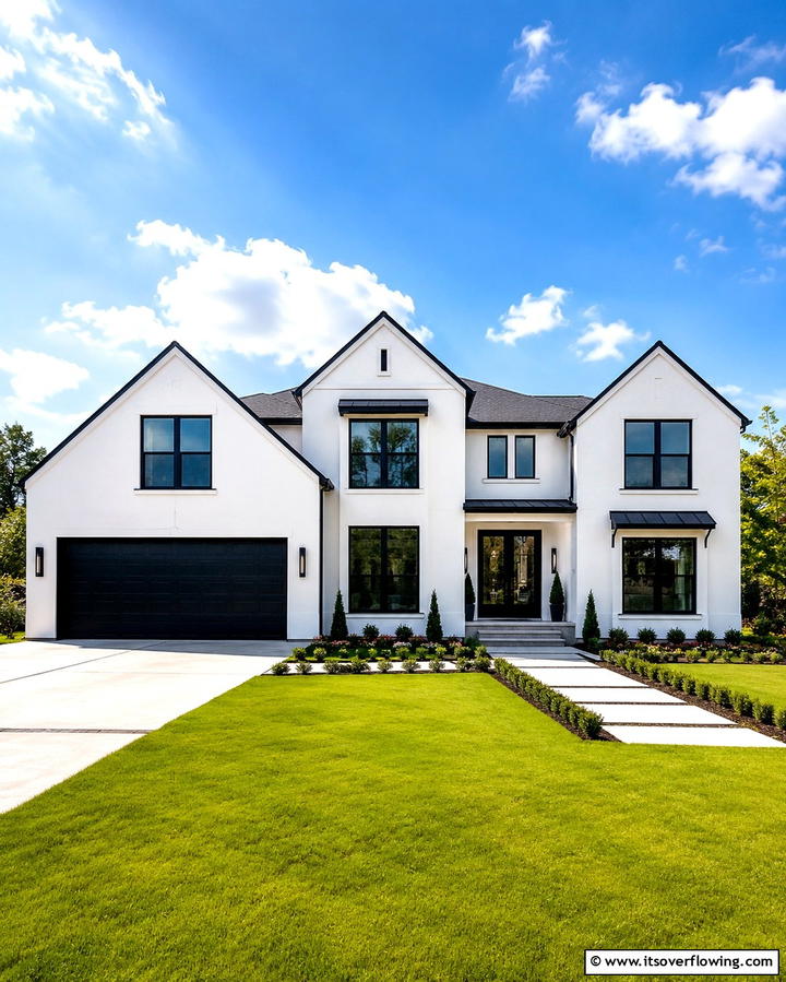 Two Tone Exterior with White Walls and Black Window Frames - 25 White Farmhouse with Black Windows Ideas
