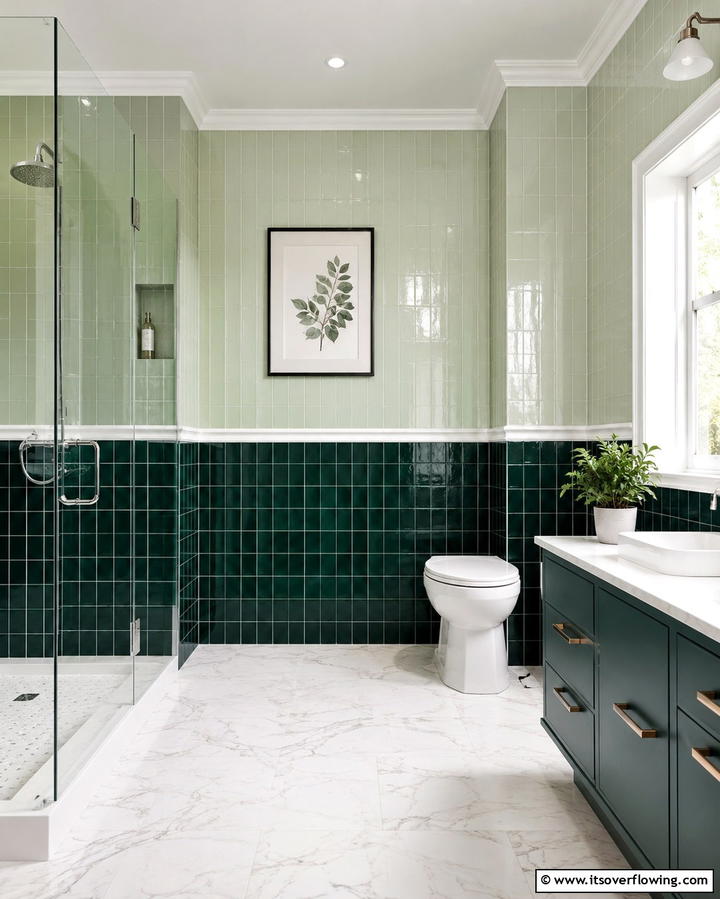Two Tone Green Tiles for a Layered Look - 30 Green Tile Bathroom Inspiration Ideas for Bold Spaces