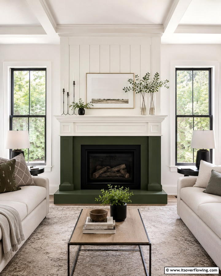 Two Tone Green and White Contrast - 25 Green Fireplace Ideas for a Cozy and Eco-Friendly Home