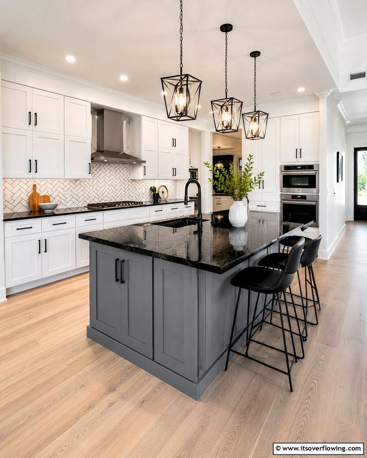 Two Tone Harmony with Bold Countertops - 25 White Kitchen Cabinets with Grey Island Ideas