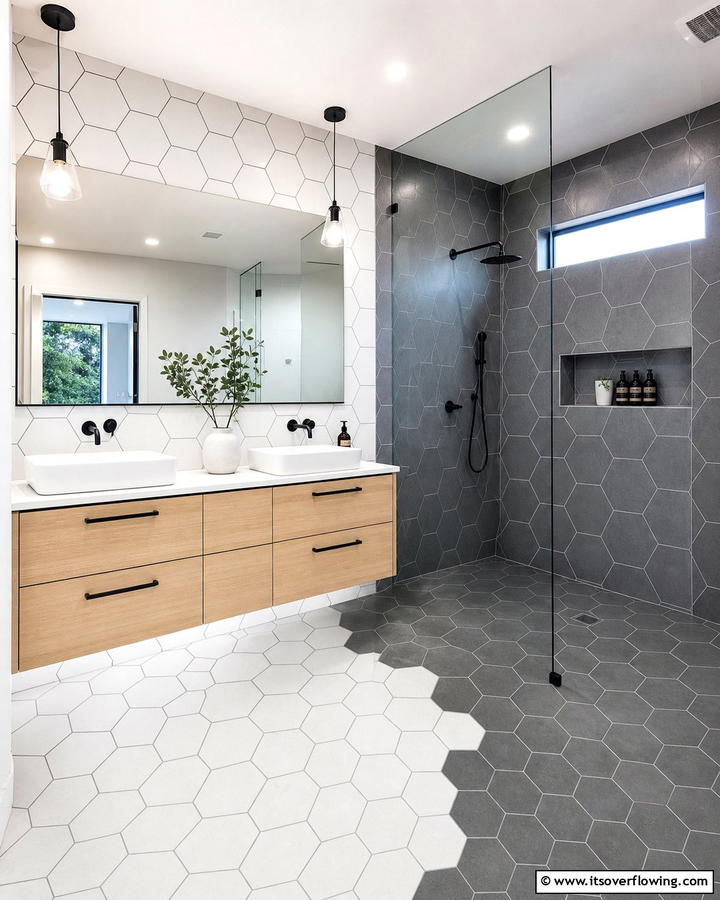 Two Tone Hexagon Tile Design - 20 Hexagon Tiles Ideas for Bathrooms with Style