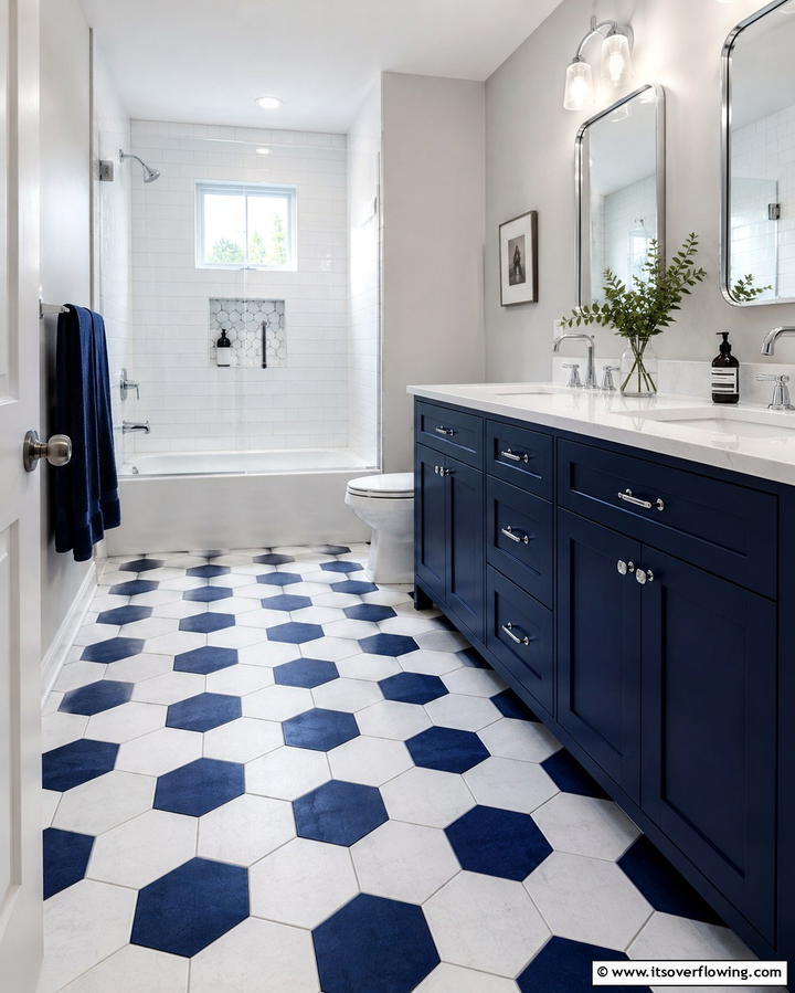 Two Tone Hexagon Tile Floors - 30 Bathrooms with Hexagon Tile Floor Design Ideas