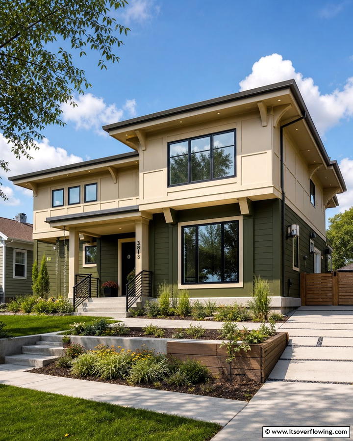 Two Tone Olive Green and Beige - 25 Olive Green House Exterior Ideas for a Fresh and Natural Look