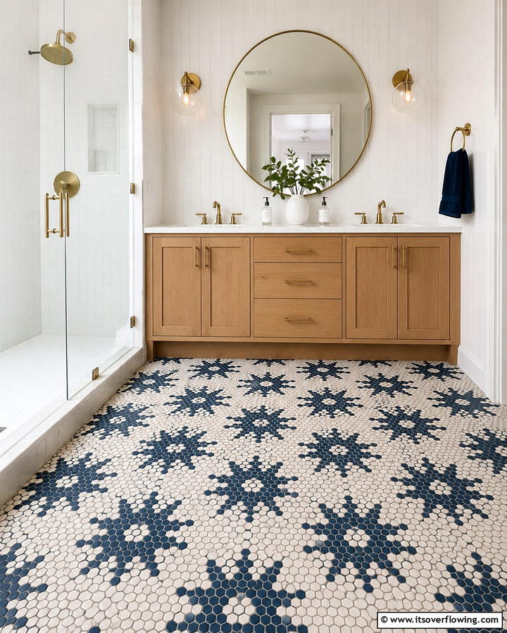 Two Tone Patterns - 25 Penny Tile Bathroom Floor Ideas for a Unique Look