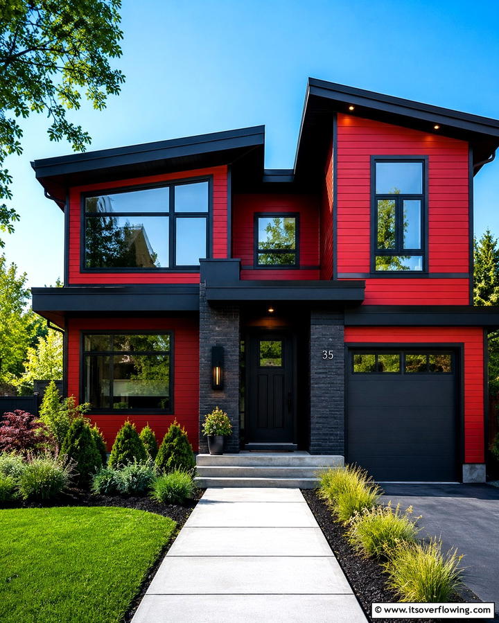Two Tone Red and White Contrast - 25 Red Home Exterior Ideas to Boost Curb Appeal