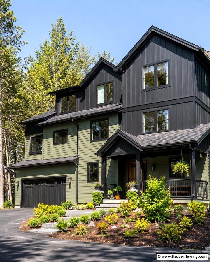 Two Tone Sage Green and Black Exterior - 25 Sage Green House With Black Trim Ideas for Curb Appeal