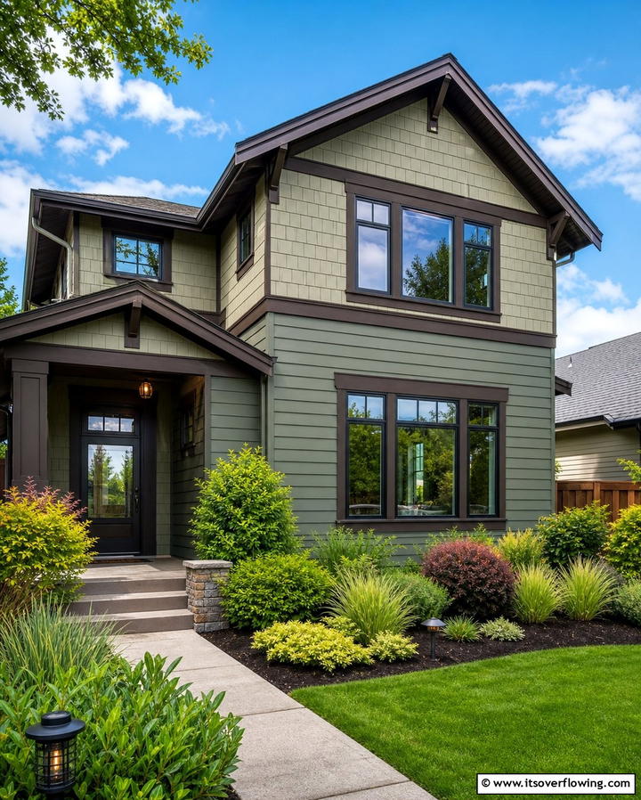 Two Tone Sage Green with Brown Trim - 25 Sage Green House With Brown Trim Ideas for Curb Appeal