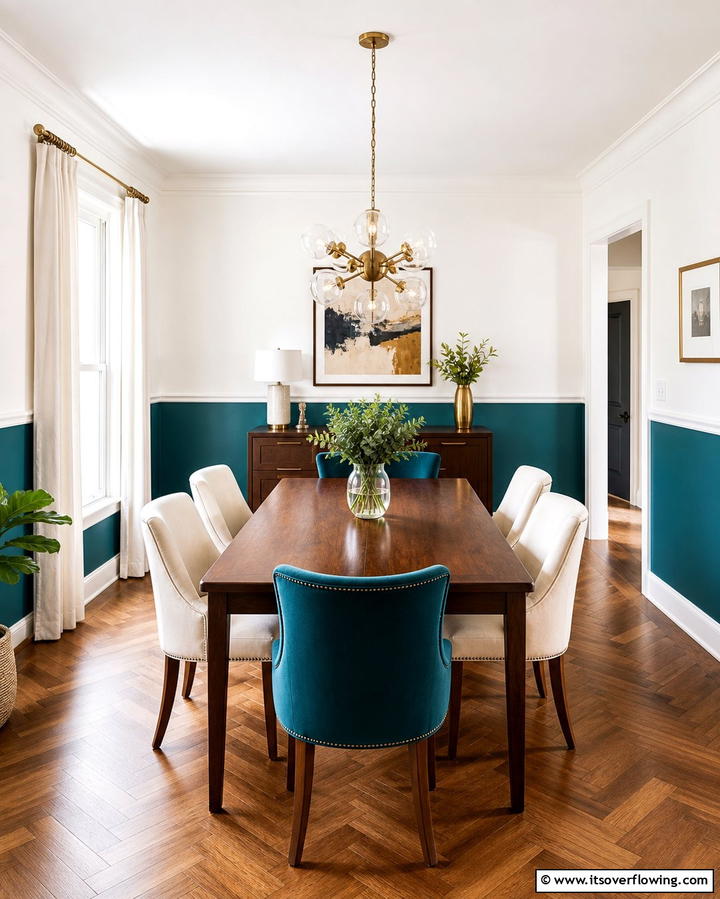 Two Tone Walls for Visual Interest - 25 Vibrant Colorful Dining Room Ideas for a Fun Space