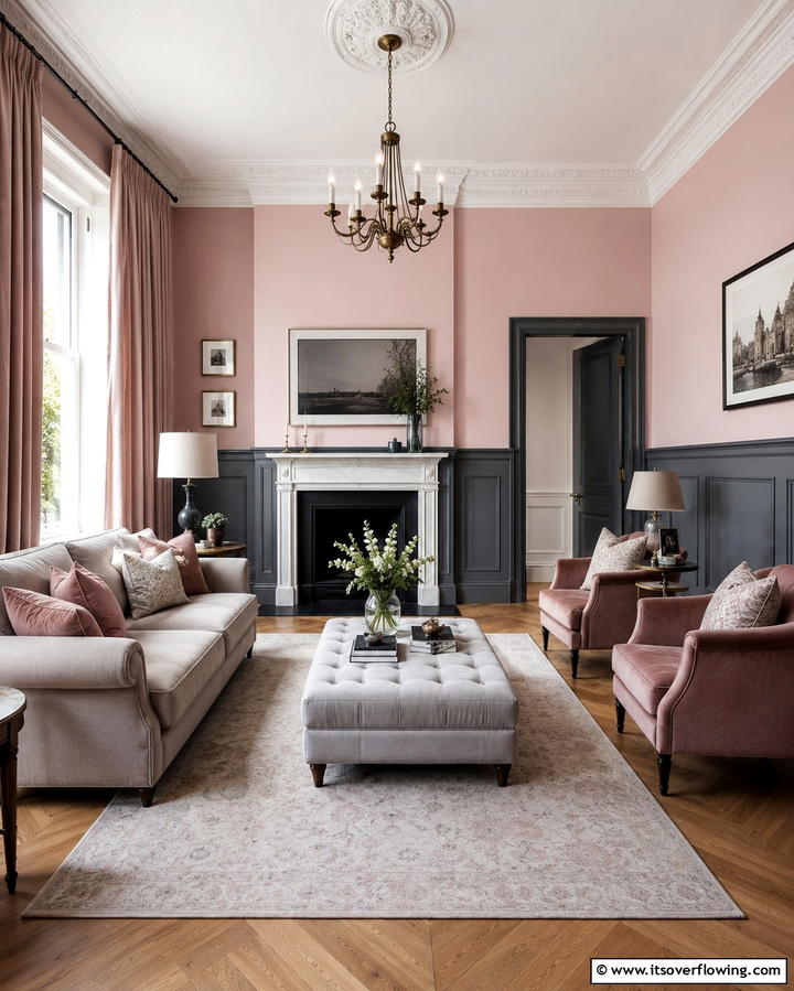 Two Tone Walls with Pink and Grey - 25 Pink and Grey Living Room Ideas for a Chic Space