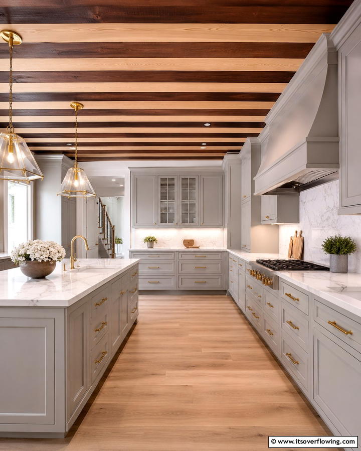 Two Tone Wood Ceilings for Visual Contrast - 20 Wood Ceiling Kitchen Ideas for a Warm and Inviting Atmosphere