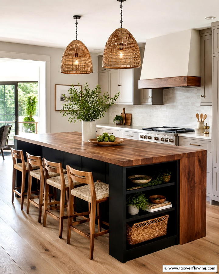 Two Toned Black and Wood Island - 25 Sleek Black Kitchen Island Ideas for a Modern Kitchen