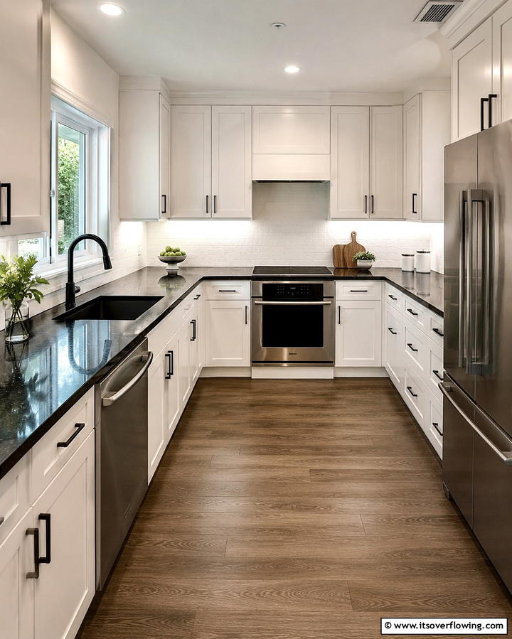 Two Toned Cabinets for Depth - 30 White Kitchen Designs with Bold Black Appliances
