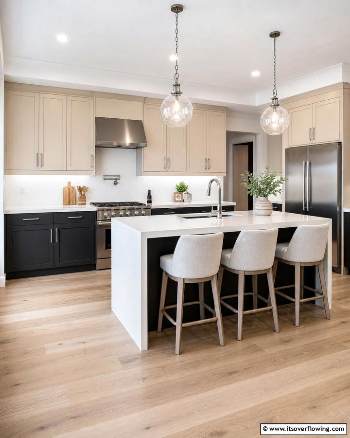 Two Toned Cabinets in Black and Beige - 20 Black and Beige Kitchen Ideas for a Timeless Look