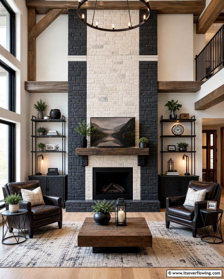 Two Toned Faux Stone Fireplace Design - 25 Faux Stone Fireplace Ideas for a Cozy and Elegant Look
