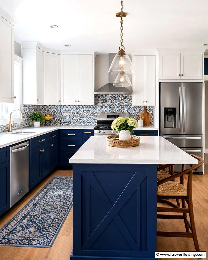Two Toned Harmony with White Upper Cabinets and Blue Base Island - 25 White Kitchen Cabinets With Blue Island Ideas