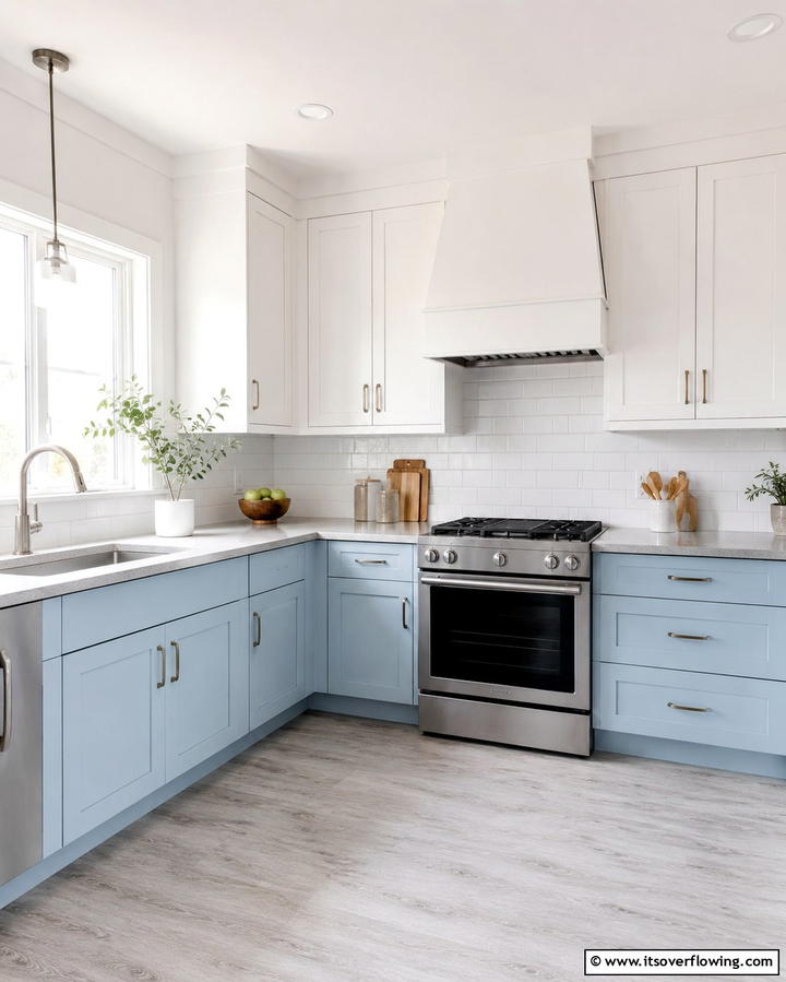 Two Toned Light Blue and White CabinetsOne - 25 Light Blue Kitchen Cabinets Ideas for a Coastal Vibe