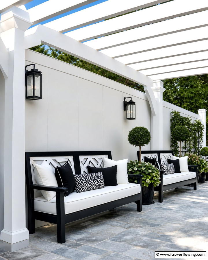 Two Toned Outdoor Benches - 25 Black and White Patio Ideas for a Timeless Look
