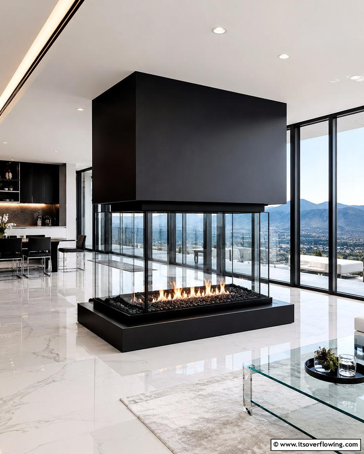 Ultra Modern Glass Integration - 30 Bold Black Fireplace Ideas to Elevate Your Living Room