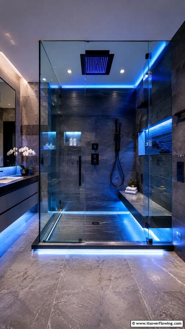 Ultra Modern Walk In Shower with LED Bench Accents - 21 Walk-In Shower Ideas With Bench for Spa-Like Comfort
