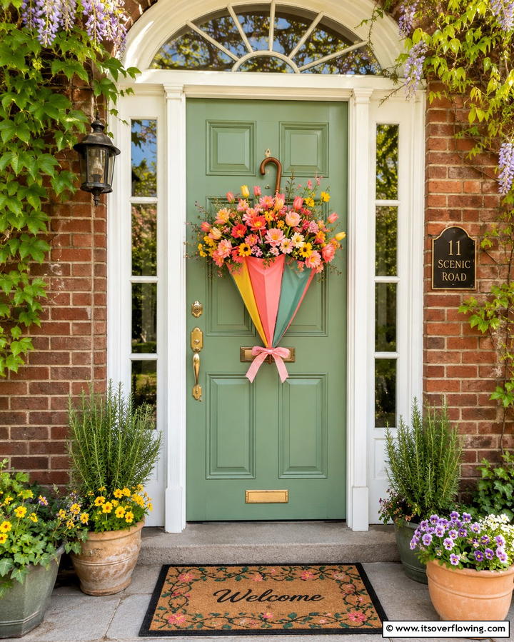 Umbrella Door Hanger with Flowers - 20 Spring Front Door Decor Ideas to Welcome the Season