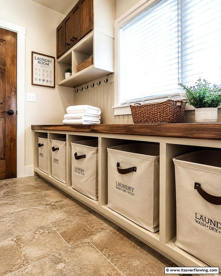 Under Bench Storage Laundry Shelves - 30 Laundry Room Shelf Ideas- Maximize Storage & Efficiency
