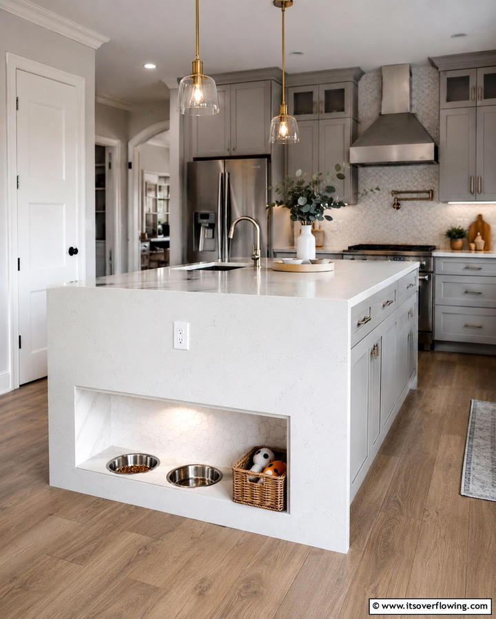 Under Island Pet Feeding Station - 25 Smart Kitchen Island Storage Ideas for Organized Kitchens