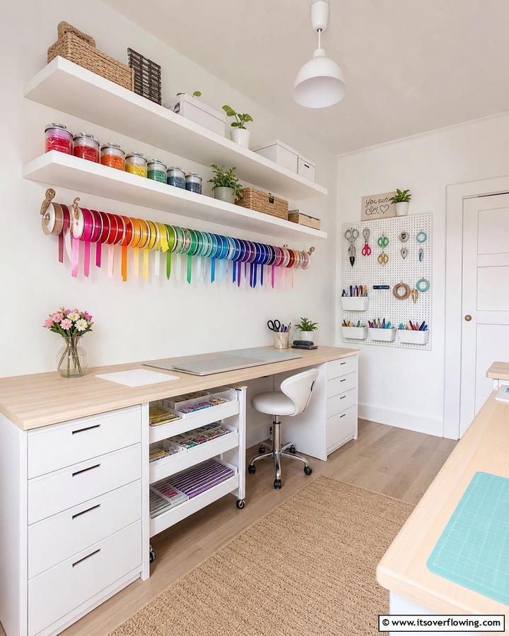 Under Shelf Ribbon Rods - 20 Ribbon Storage Ideas- Organize Your Craft Supplies