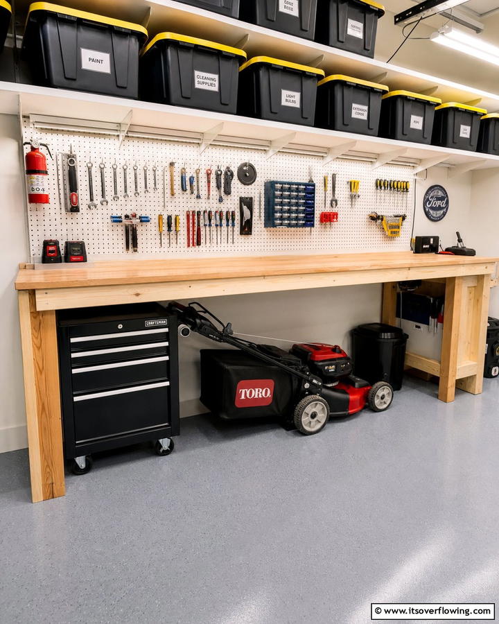 Under Workbench Storage - 20 Smart Lawn Mower Storage Ideas for Your Garden
