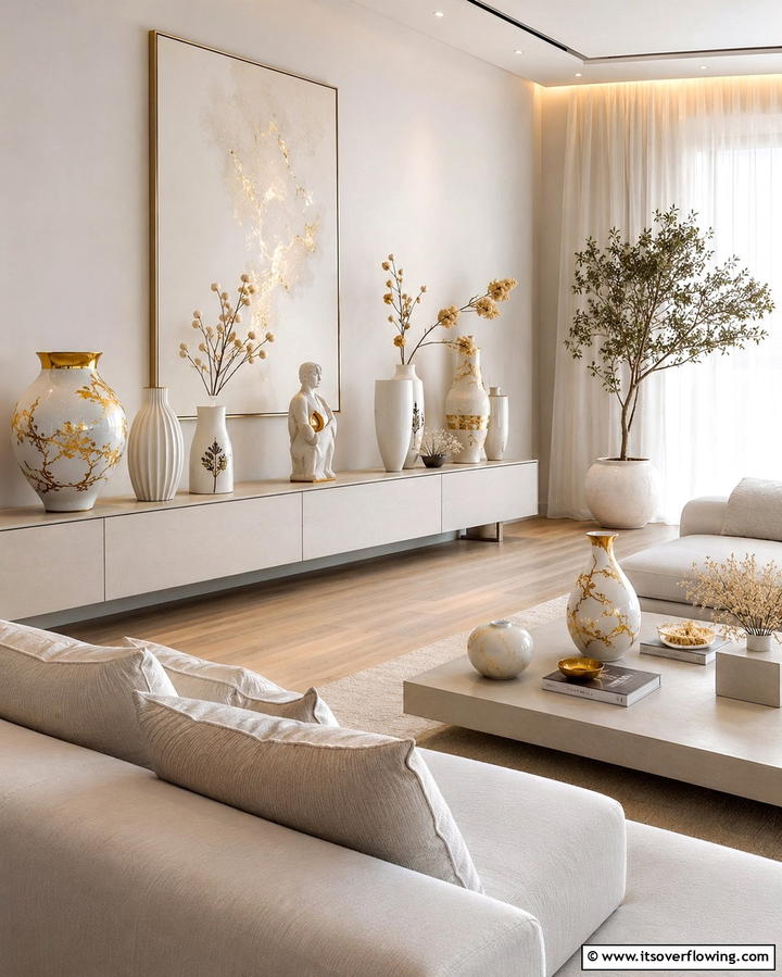 Understated Cream and Gold Vases and Sculptures - 30 Elegant Cream & Gold Living Room Themes for Luxe Interiors