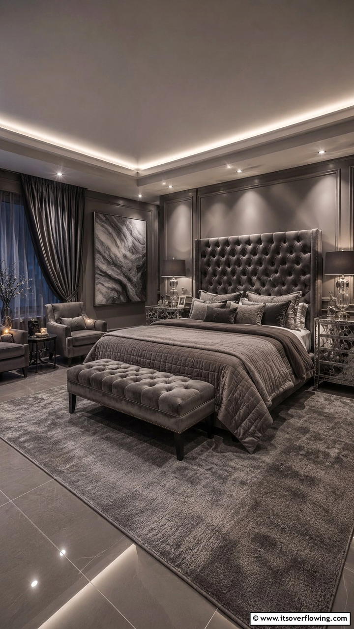 Understated Glamour in Monochrome - 30 Dark Grey Bedroom Ideas for Modern Serene Spaces