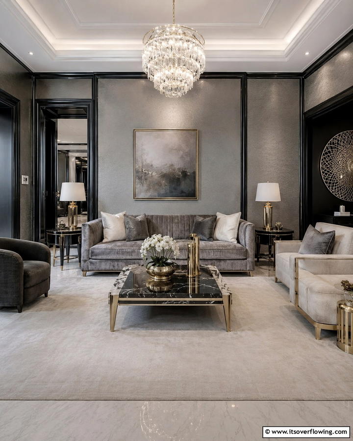 Understated Luxury - 30 Living Room Grey Walls & Black Trim- Bold Contrast Ideas