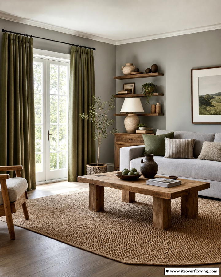 Understated Olive Tones - 30 Curtain Color Ideas Perfectly Paired With Gray Walls
