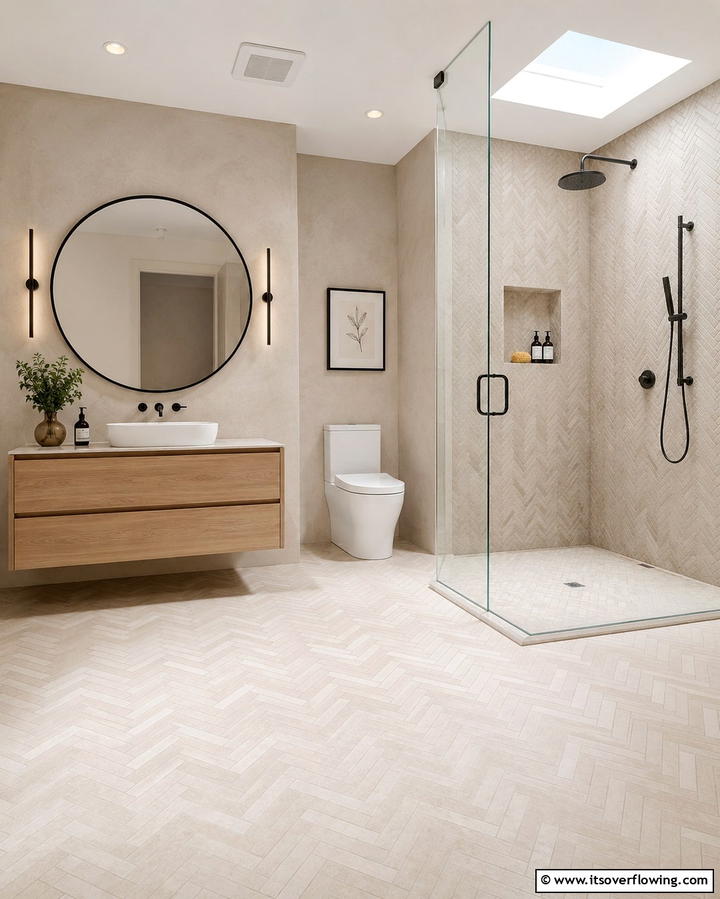 Understated Pattern Play - 30 Beige Bathroom Ideas for Timeless and Serene Design Schemes