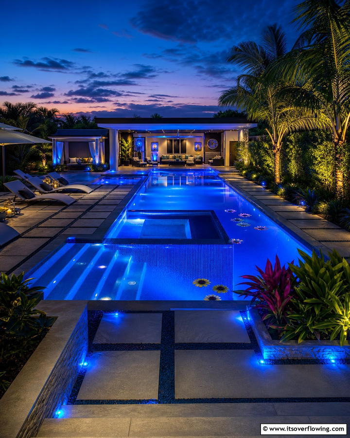 Underwater Illumination - 30 Concrete Pavers Around Pool Ideas for Durable Style