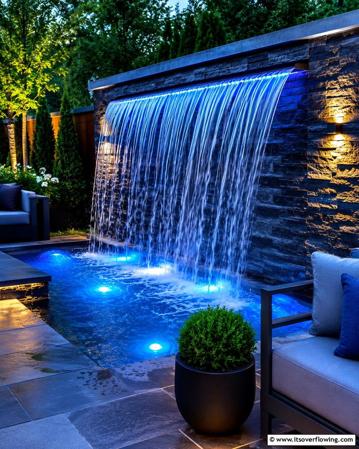 Underwater LED Lit Waterfall - 25 Small Pool Waterfall Ideas for Your Backyard