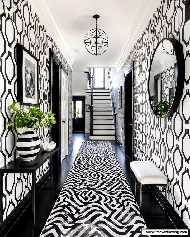 Unexpected Pattern Play - 30 Black Hallway Ideas for Dramatic and Sophisticated Spaces